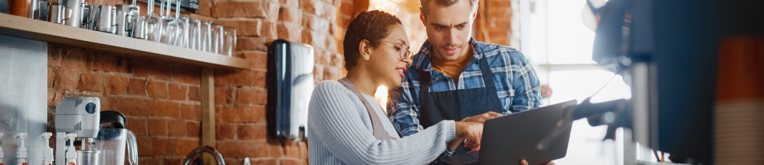 Small business owners looking at laptop together